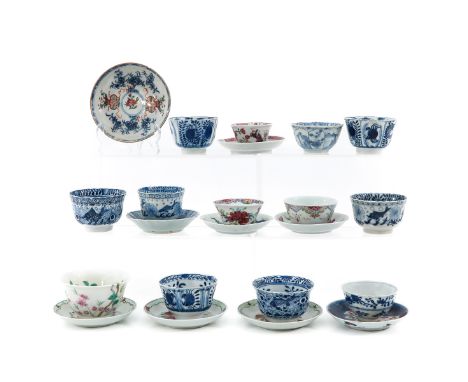 Including 13 cups and 9 saucers in a variety of decors and sizes, some 18th Century, largest saucer is 12 cm. in diameter, in
