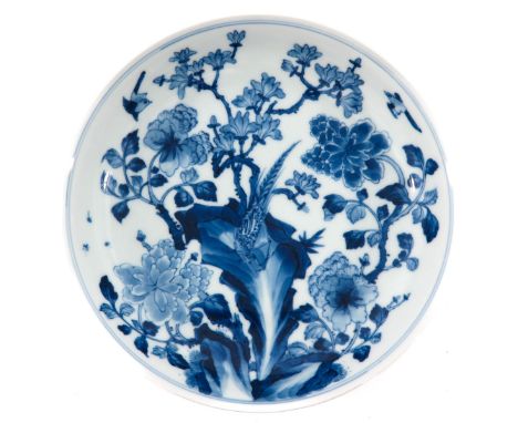 Decorated with pheasant in flowers, Kangxi mark, 19 cm. in diameter, fritting on edge.