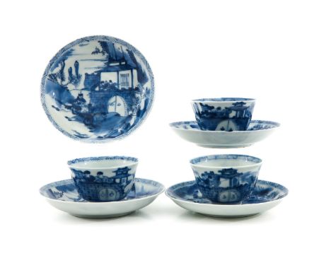 Decorated with Chinese warriors, including 3 cups and 4 saucers 11 cm. in diameter, with restoration.