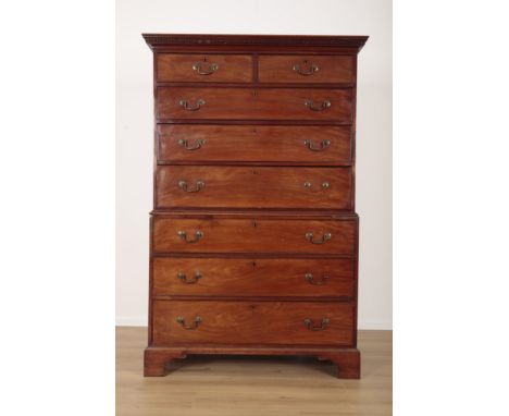 A GEORGE III MAHOGANY CHEST ON CHEST the upper section with a dentil moulded cornice over two short and three long graduated 