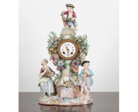 A MEISSEN PORCELAIN MANTEL CLOCK the two train movement striking on a bell, the back plate stamped A. Nevir Berlin, the ename