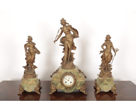 A FRENCH ONYX AND GILT METAL MOUNTED FIGURAL GARNITURE DE CHEMINEE the clock with two train movement striking on a gong, the 