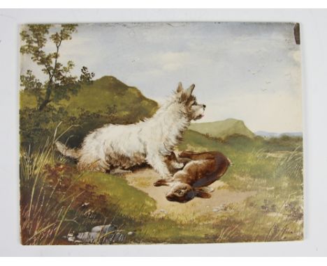 A 19th century English hand painted ceramic plaque, decorated with a terrier and rabbit in a landscape in the manner of Georg