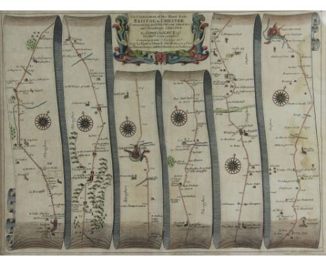 John Ogilby, 17th century engraving with later hand colouring, A map of the road from Bristol to Chester and Shrewsbury to Wh