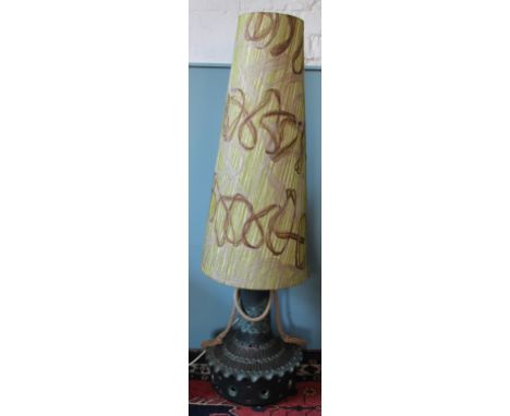 A West German pottery floor standing lamp base and contemporary string shade, the base of pierced design in a  mottled slate 