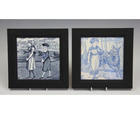 A Wedgwood tile printed in blue with Little Red Riding Hood, 15cm x 15cm, along with a Wedgwood calendar plate titled 'July',