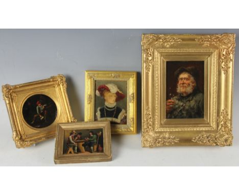 German School,Oil on panel, Portrait of a bearded gentleman holding a glass of wine, 15cm x 9.5cm,Framed, with a small tondo 