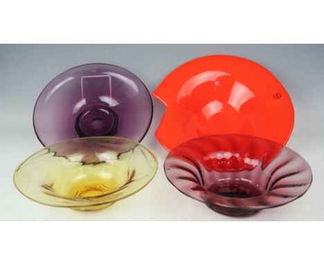 A Nason Murano orange glass bowl, with shaped rim, label and stencil mark to base, 32cm, with an amethyst glass bowl, a small