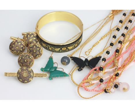 A selection of costume jewellery, to include; semi precious stone set ord pendants and chains, earrings, butterfly necklaces,