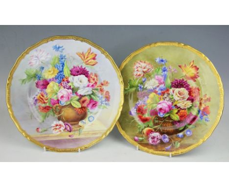 A Royal Worcester cabinet plate by 'E. Barker' 1934, brightly enamelled with a vase of blossoming summer flowers against a gr