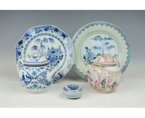 A selection of 18th century and later Chinese porcelain comprising; an 18th century blue and white plate, 23cm diameter, a bl