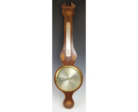 A George III inlaid mahogany wheel barometer, with thermometer above a silvered dial signed 'A Foia Faringdon', (restored), 9