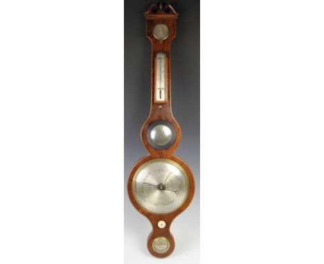 A George III mahogany wheel barometer, with thermometer, mirror and silvered dial above a spirit level signed 'Lilly Poole', 