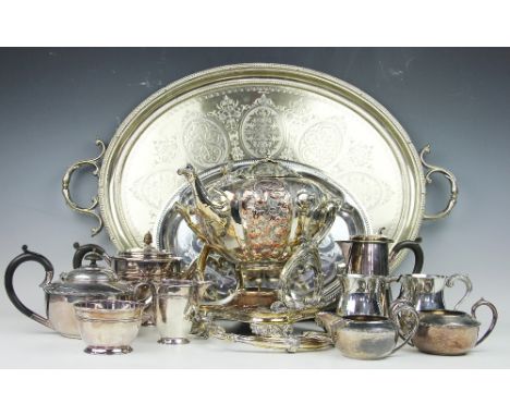 A selection silver plated wares to include a large twin handled presentation tray, engraved 'Nov 8th 1910-1935', 75cm wide, a