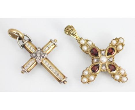 A garnet and seed pearl set cross pendant in Renaissance style, all set in 9ct gold along with a further 9ct yellow and white