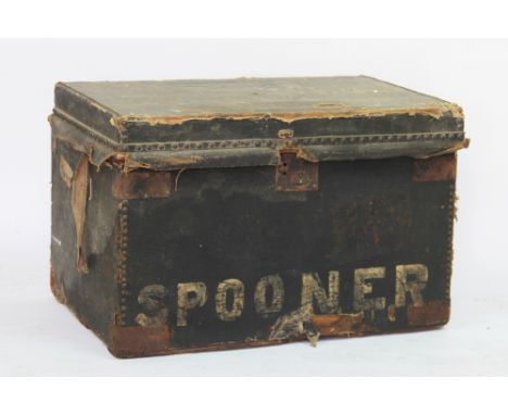 A Victorian canvas mounted pine trunk, enclosing a Crawfords biscuit tin, two spelter Marley horses etc