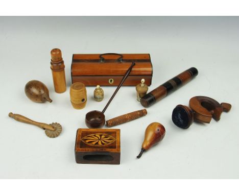 A collection of 19th century and later treen etc, to include an ogee shaped sycamore and mahogany box 19cm, a sycamore pin cu