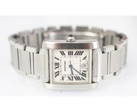 A Cartier Tank Francaise stainless steel automatic wristwatch, circa 2008, the white enamel dial with black Roman numerals, s