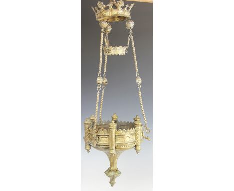 A 19th century French gilt brass Gothic hall ceiling light, of hexafoil shape, cast with strap work and serpents, 29cm diamet