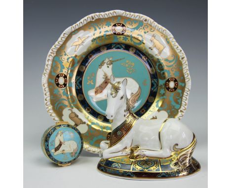 A selection Royal Crown Derby Louise Adams designed early limited edition wares comprising; a unicorn paperweight, No.43/2000