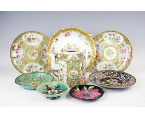 A Cantonese famille rose tea kettle, lacking lid, with two Cantonese plates, a Chinese enamel dish, a Japanese enamel dish, t
