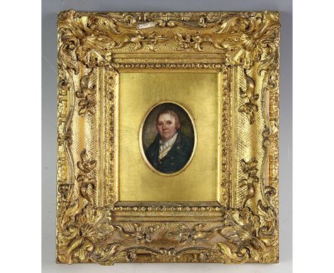English School (19th century), Watercolour on ivory, Miniature portrait of John Crew of Chester,6.5cm x 4.5cm, In gilt wood a