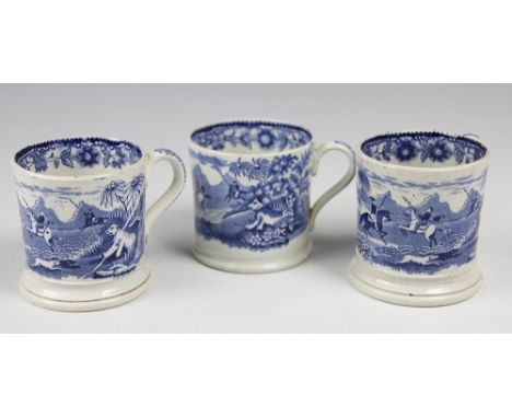 A Cartwright and Edwards pearl ware mug, printed in blue with the Tiger Hunt pattern, 8.5cm high and two others very similar 