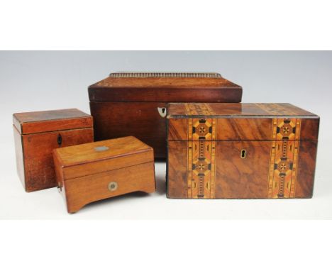 An oak sarcophagus shaped tea caddy with mother of pearl inlay, on bun feet, 29cm wide, a walnut cased music box with inset s