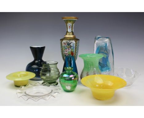 A mixed group of decorative glass, to include a 19th century Bohemian green glass vase, (base restored), a Monart type yellow