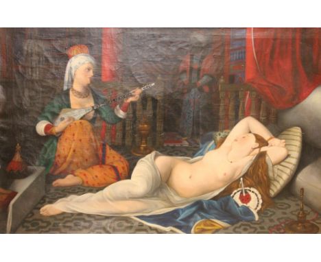 Continental School (20th century), Oil on canvas, Reclining female nude with attendants, one playing a lute, Unsigned, 79cm x