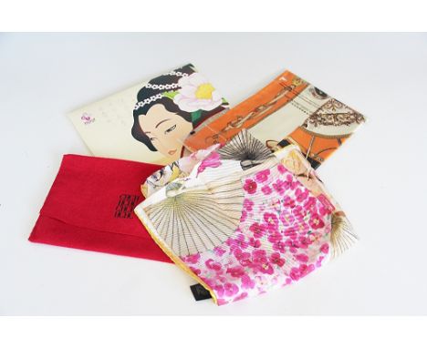 Three silk scarves, to include; A Carolina Herrrera fan design example, with hand rolled edges, 85cm x 90cm in original pouch