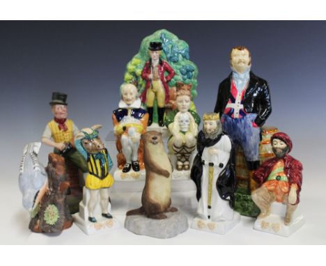 Five H. J. Wood ceramic Shakespearian stage figures, tallest 18.5cm, a John Bull Staffordshire figure, 28.5cm, a Masons flat 