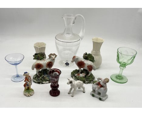 A collection of antique china including two Staffordshire lambs (A/F), two Belleek vases, glassware etc.
