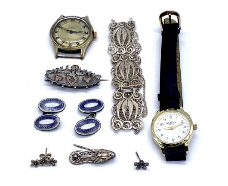 A pair of vintage sterling silver and enamel cufflinks, silver brooch, silver filigree bracelet, two watches etc.