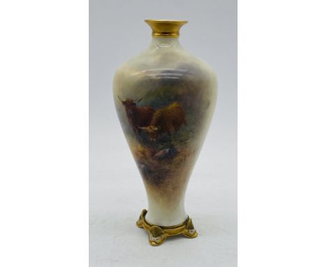 A hand painted Royal Worcester baluster vase by Harry Stinton depicting Highland cattle - Overall height approx. 16cm