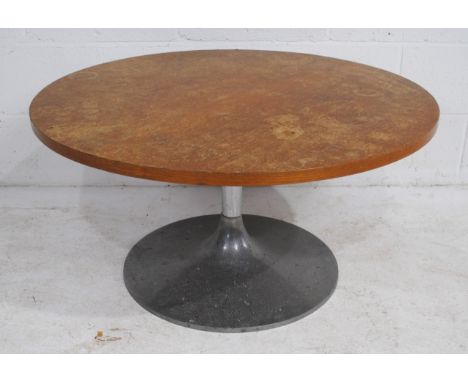 A vintage circular oak top coffee table, raised on chrome base - diameter 90.5cm, height 45.5cm