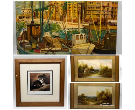 A collection of various pictures including oil on board of boats in the harbour signed Robert Hamilton, two gilt framed oils 