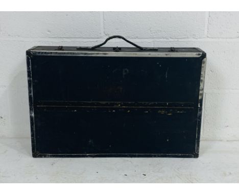 A vintage wooden carpenters carry toolbox with two internal drawers and three tools - width 69cm, depth 45cm