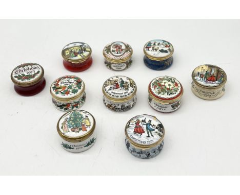 A collection of ten Halcyon Days Bilston and Battersea Enamel Christmas Boxes