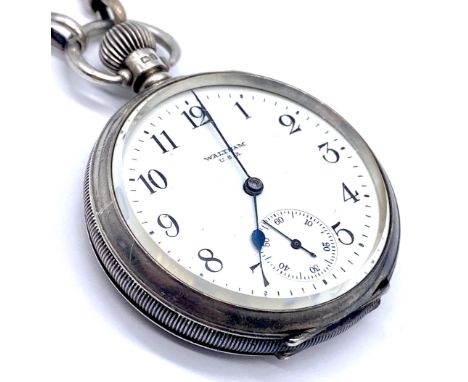 A Birmingham 1924 silver Waltham U S A pocket watch, with silver albert watch chain, (running).