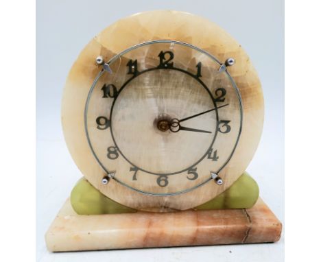 Art Deco onyx circular mantle clock with chrome detail, 18cm wide 18cm high.