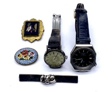 A Pietra Dura mosaic brooch, A/F, a micro mosaic brooch, a sterling bar brooch and two vintage watches.
