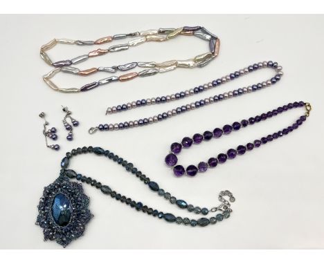 A Butler & Wilson blue woven necklace with original retail box, a freshwater pearl multicolour, necklace 46cm length and matc