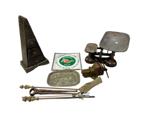 A collection of items including painted scales, vice, small triangular drawers Caravan Club site etc.