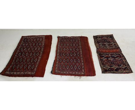 A pair of vintage Eastern red ground hand woven saddle bags/cushion coverings (both open at one end - 120cm x 76cm), along wi