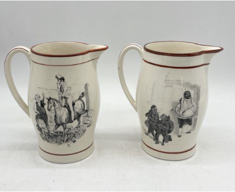 Two antique earthenware jugs with transfer print caricature decoration and red banding to rim