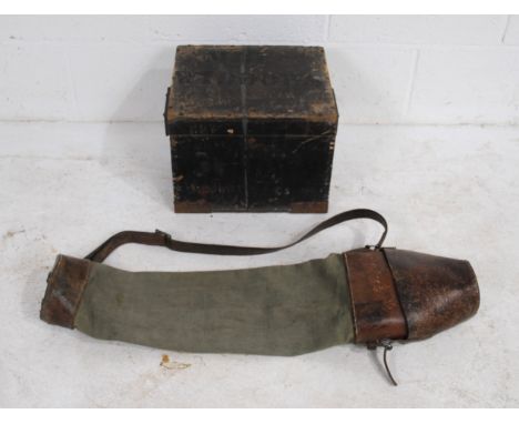 A Swiss military leather and canvas holdall, with impressed marks, along with a British Army painted wooden military box, wit