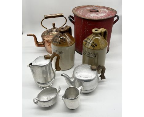 A collection of items including antique copper kettle, Picquot ware, stoneware jars etc.