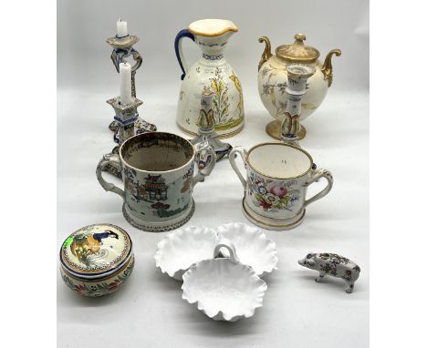 A collection of antique and other china including two loving cups, Rouen porcelain, Bonn vase etc. please note a number of pi