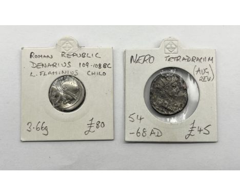 Two ancient Roman coins comprising of Nero (54-68 AD) tetradrachm and a L. Flaminius Cilo, Denarius (circa 109) with head of 